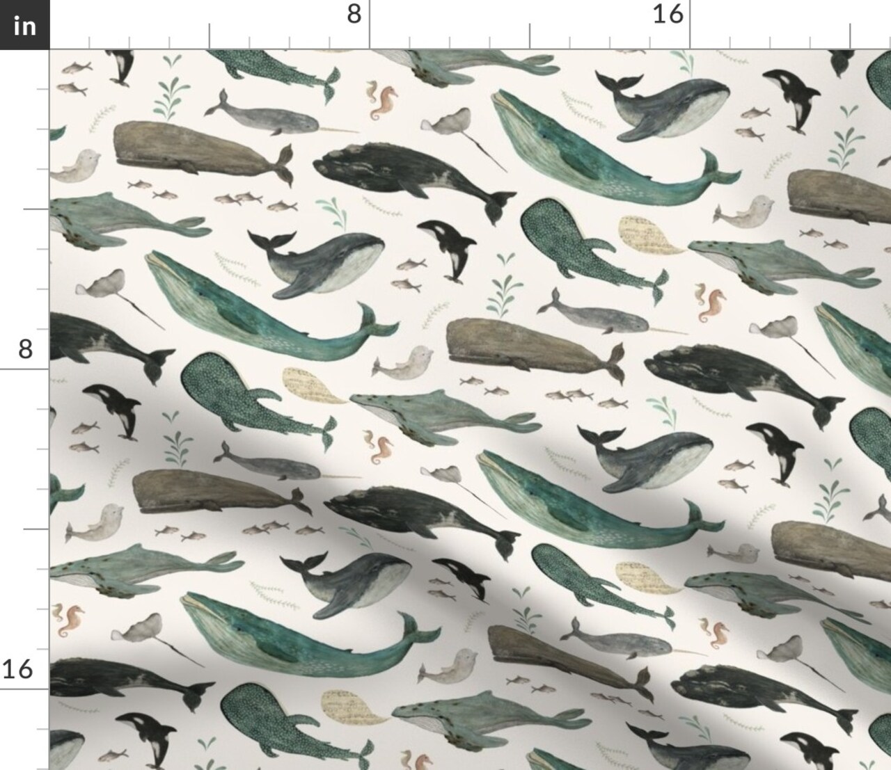 Whale Sea Life Ocean Green Charcoal Gray Swimming Nautical Animals Whimsical Beach Watercolor Trendy Custom Printed Fabric by Spoonflower Various Fabrics by the Yard or Fat Quarter